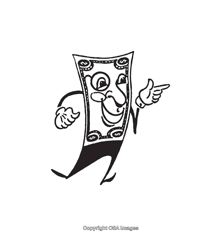 Cartoon Illustration of a Cheerful Money Bill Character Pointing