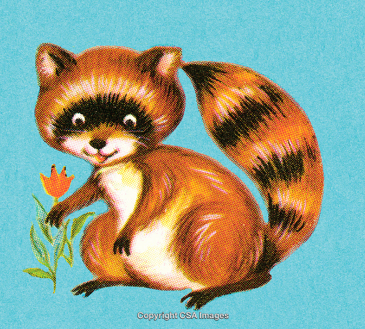Vintage Illustration of a Cute Raccoon Holding a Flower on a Blue Background