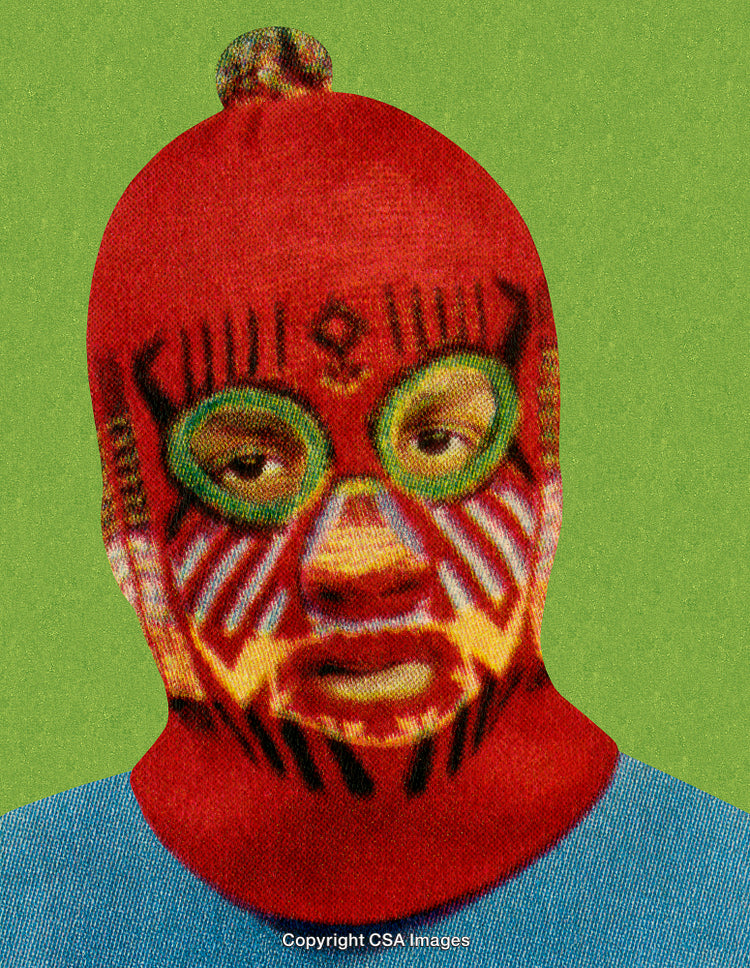 Colorful Masked Figure Against Green Background Showing Intricate Design Details