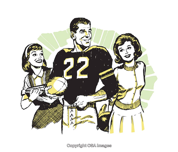 Retro Football Illustration Featuring Athletes and Friends in a Vintage Style
