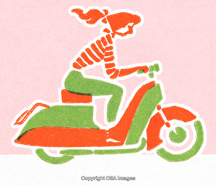 Artwork Featuring A Woman Riding A Colorful Scooter On A Pink Background
