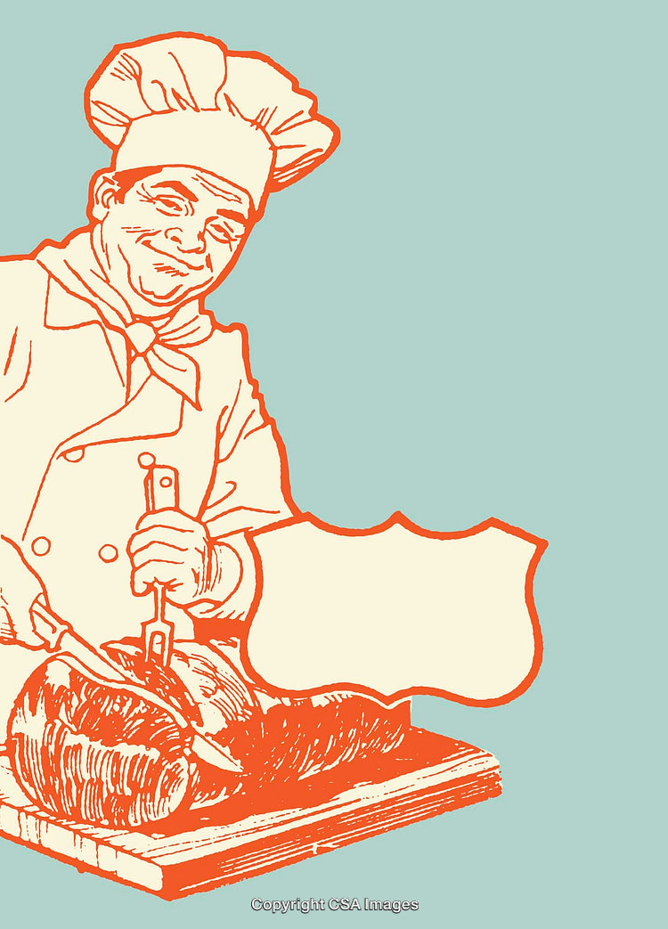 Vintage-Style Line Art of a Smiling Chef Carving a Roast