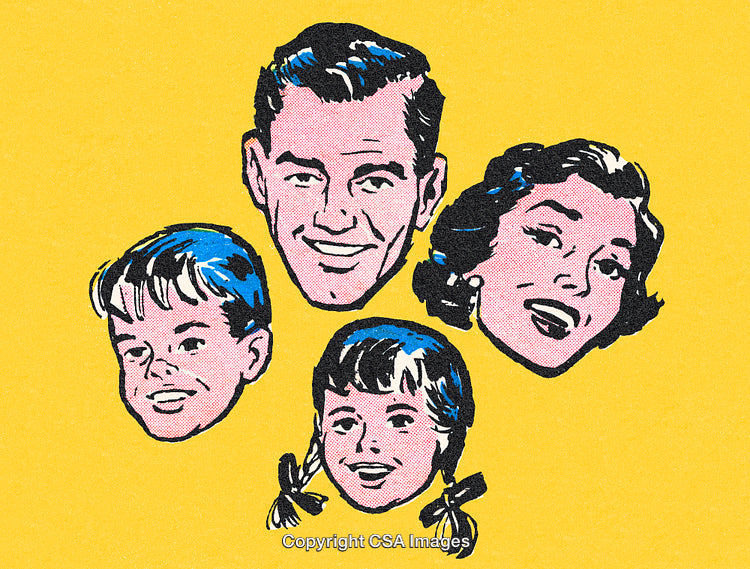 Retro Comic Art Depicting a Smiling Family on Vibrant Yellow Background