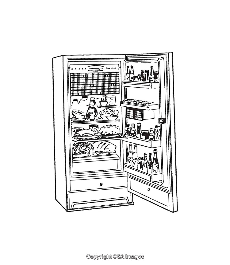 Black and White Illustrative Art of an Open Refrigerator Fully Stocked