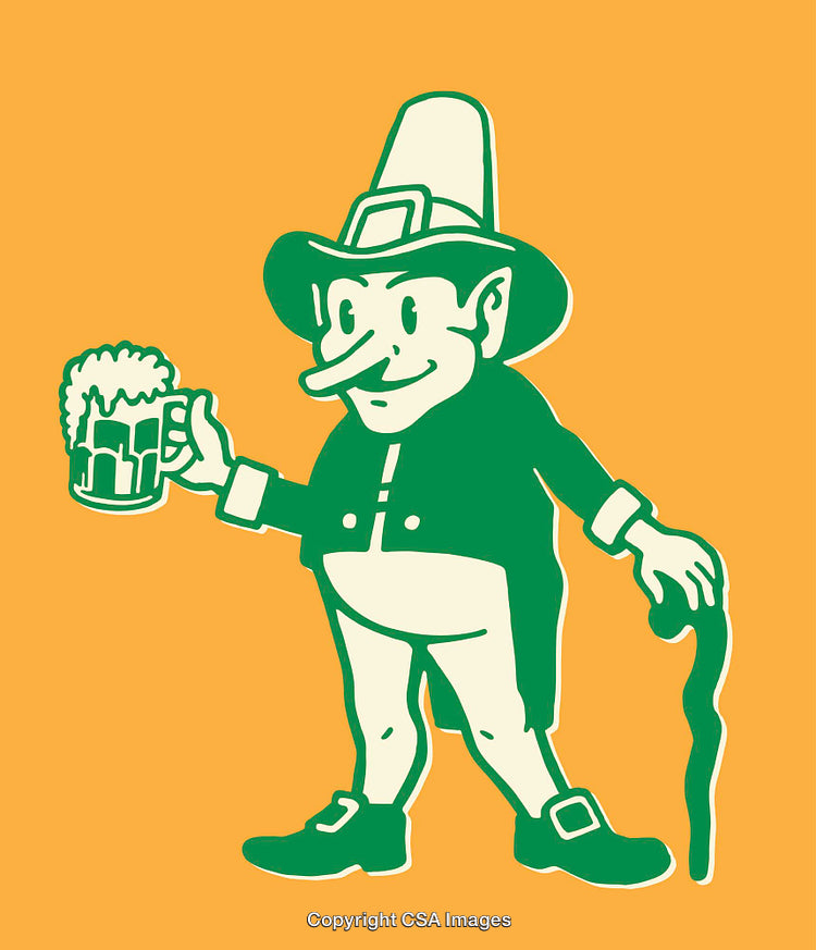 Cartoon Leprechaun Holding Beer Mug with Walking Stick on Orange Background