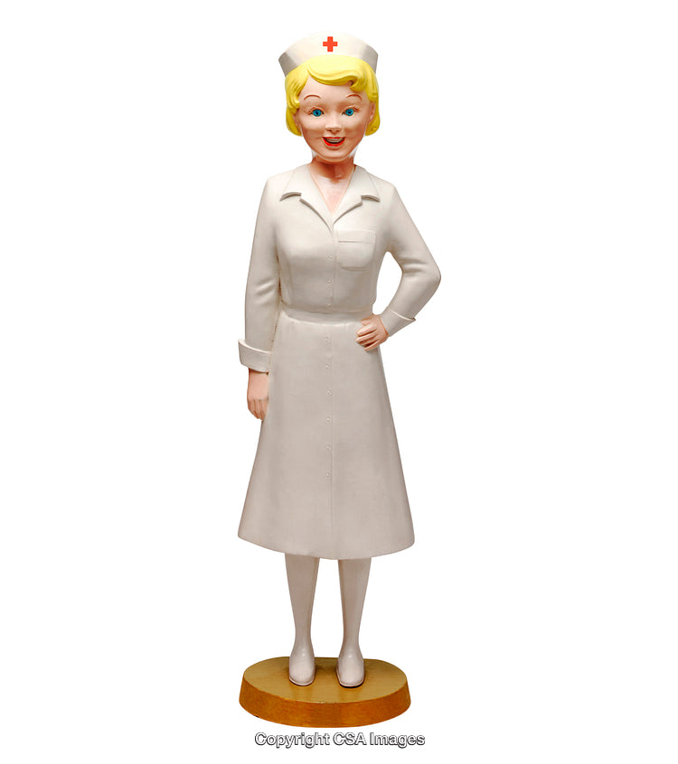 Smiling Retro Nurse Figurine Wearing Classic White Uniform and Red Cross Hat