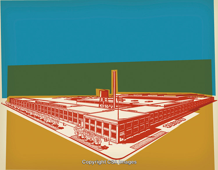 Colorful Geometric Illustration of a Modern Industrial Building Against a Blue Sky