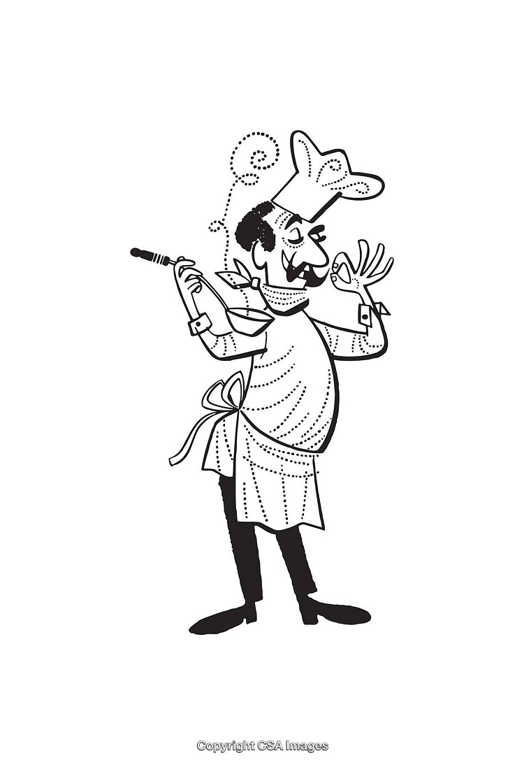 Playful Black And White Illustration of a Cheerful Chef With Classic Attire