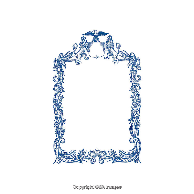 Ornate Blue Decorative Frame With Heraldic Lions and Crest Emblem