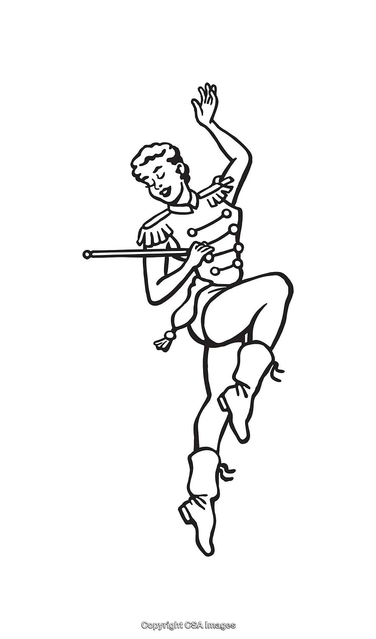 Black and White Line Art of a Dancing Musician in Performance Costume