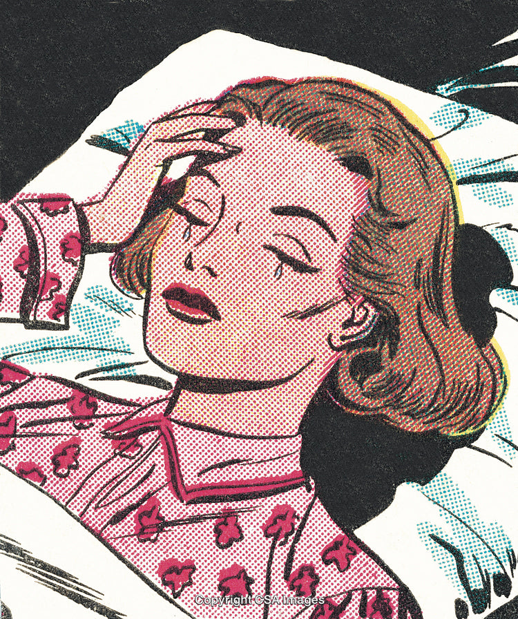 Vintage Comic Illustration of a Thoughtful Woman in a Pink Top