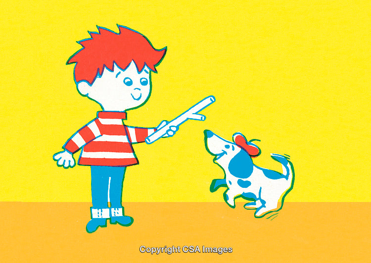 Illustration of a Boy and Dog Playing Together on Colorful Background