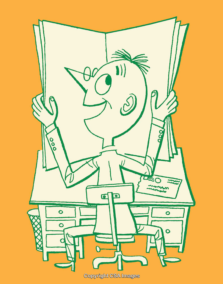 Whimsical Yellow and Green Line Art of Man Reading a Large Book