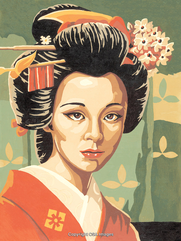 Traditional Geisha Portrait in Paint by Numbers Art Style
