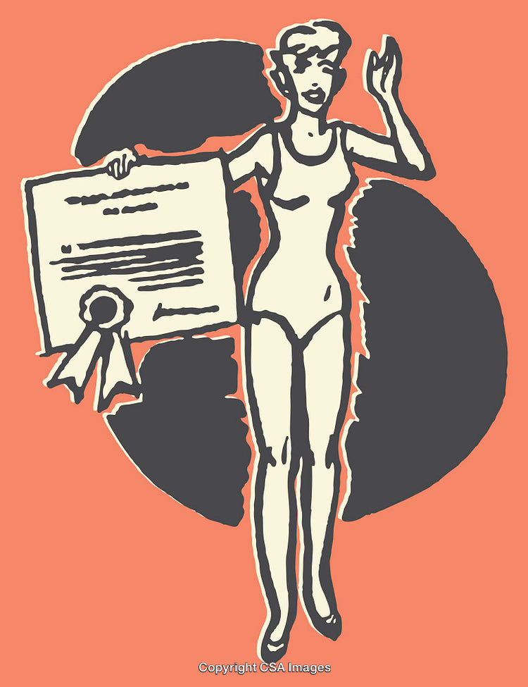 Stylized Retro Line Art of Woman Holding a Certificate