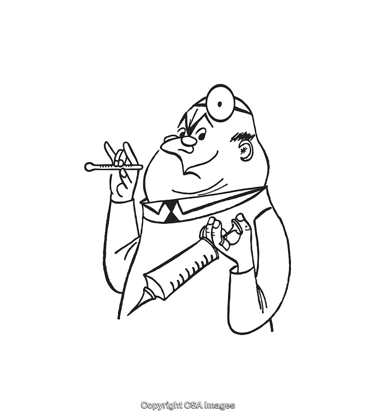 Cartoon Doctor Holding a Large Syringe and a Thermometer in Line Art