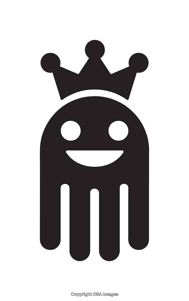 Crowned Smiling Octopus Icon in Black and White Minimalist Design