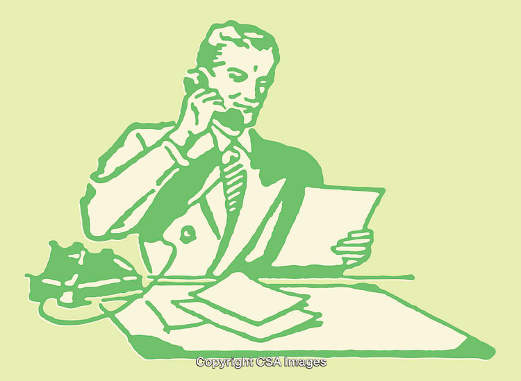 Retro Businessman in Line Art Style Reviewing Documents at Desk