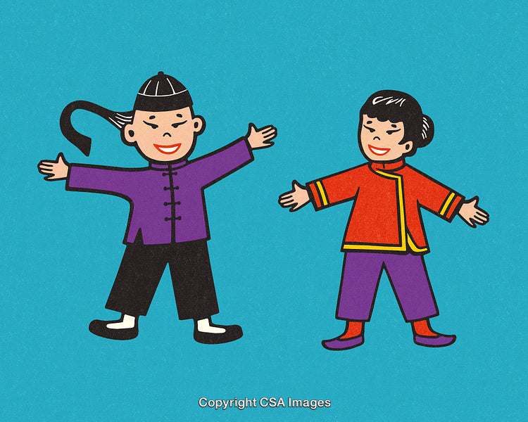 Playful Cartoon Characters in Traditional Garments on Vibrant Teal Background