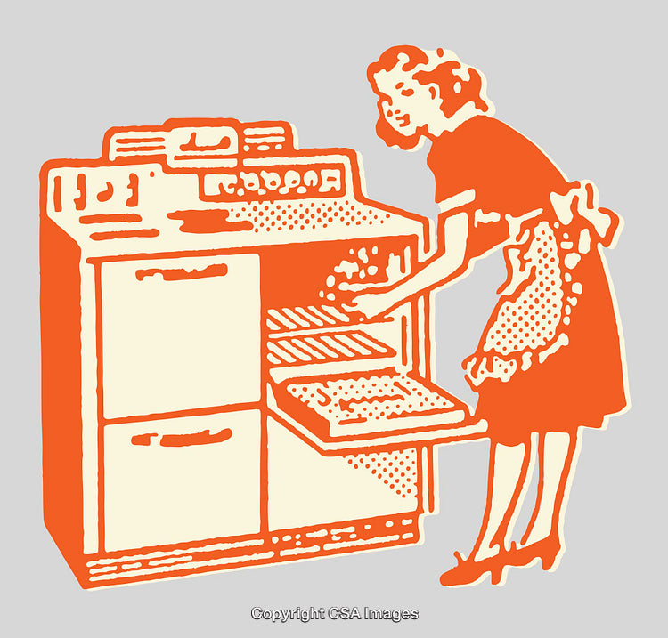 Vintage Illustration of a Woman Baking Using a Traditional Oven