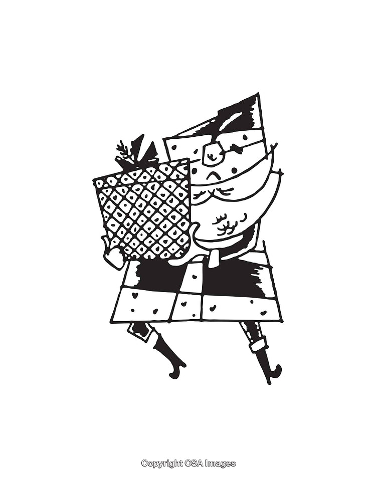 Black and White Line Art Illustration of Whimsical Character Holding a Gift