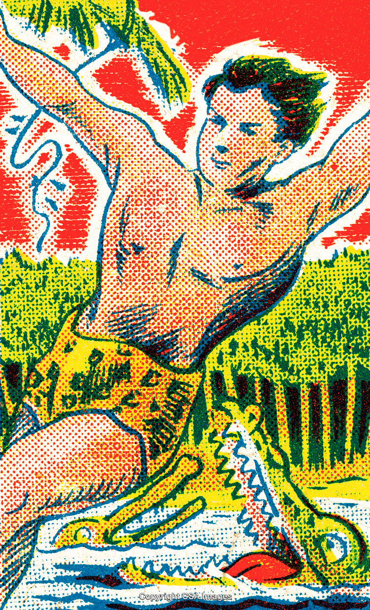 Dynamic Vintage Illustration of Man Escaping Crocodile in Tropical Setting