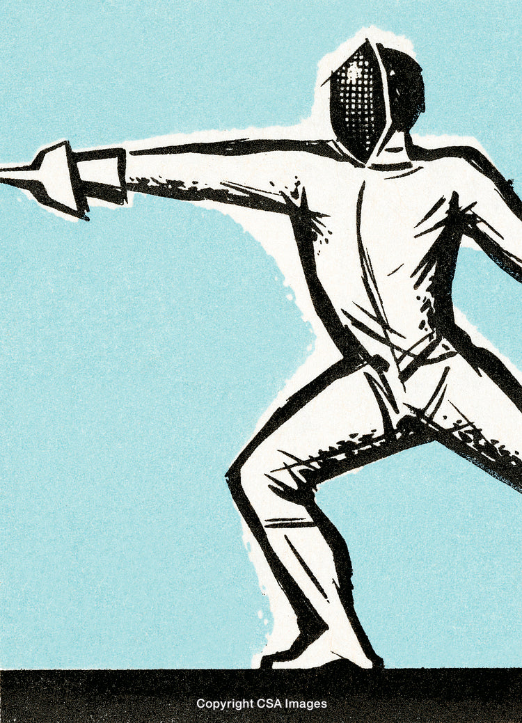Illustrated Fencing Athlete Performing a Lunge Against Blue Background