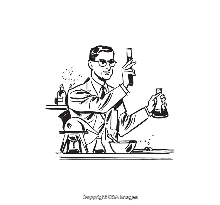 Scientist Conducting Experiments in Vintage Laboratory Black and White Line Art