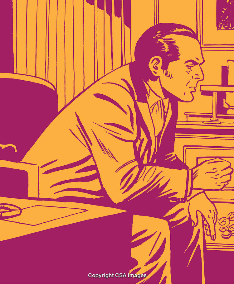 Retro-Styled Illustration of a Man in Deep Thought Sitting in an Office