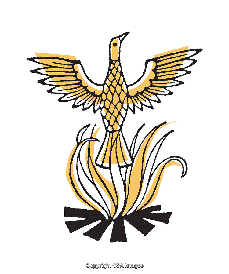 Illustration of a Phoenix Rising from Flames in Black and Gold Details
