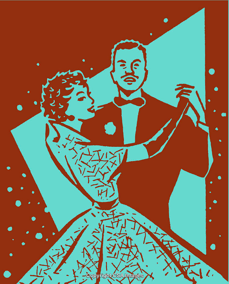 Elegant Couple Dancing Together in Colorful Retro-Inspired Line Art Illustration