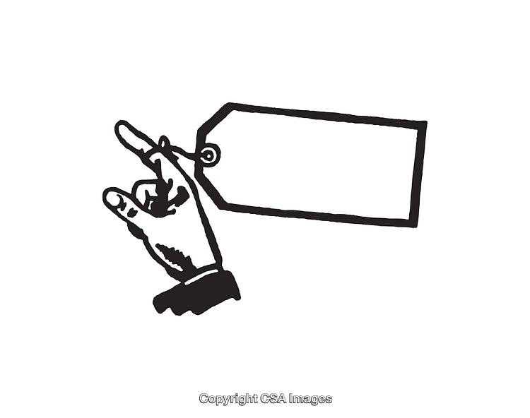 Black and White Line Drawing of a Hand Holding a Blank Tag