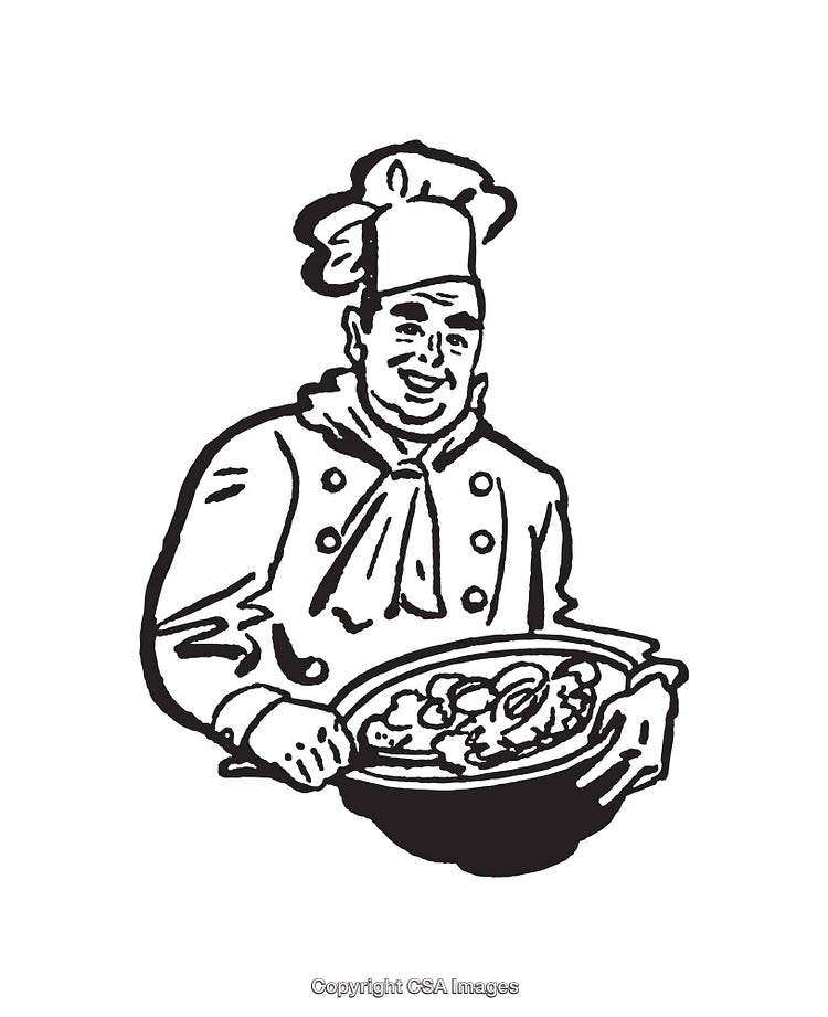 Black and White Line Art of a Chef Holding a Dish of Food