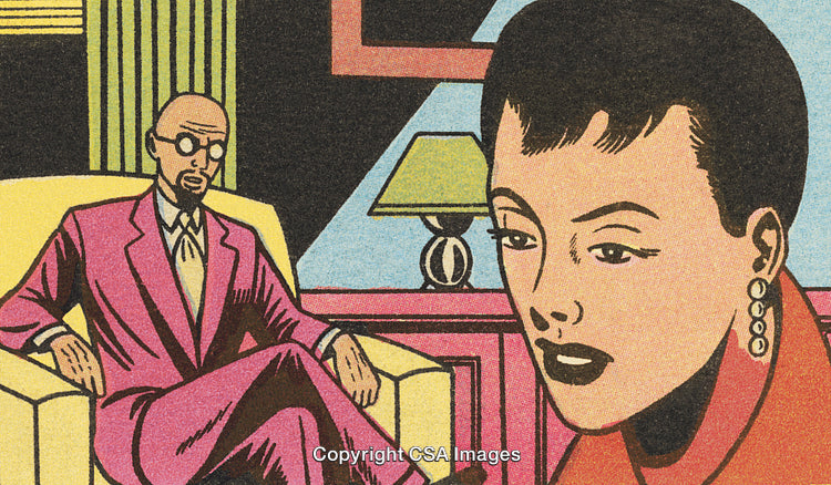 Vintage Comic Illustration of Conversation Between Two Individuals in a Stylish Setting