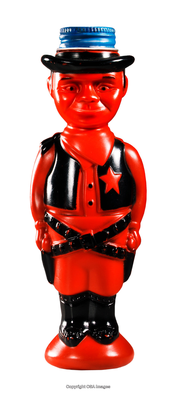 Red Plastic Cowboy Toy Figure with Hat and Star Symbol