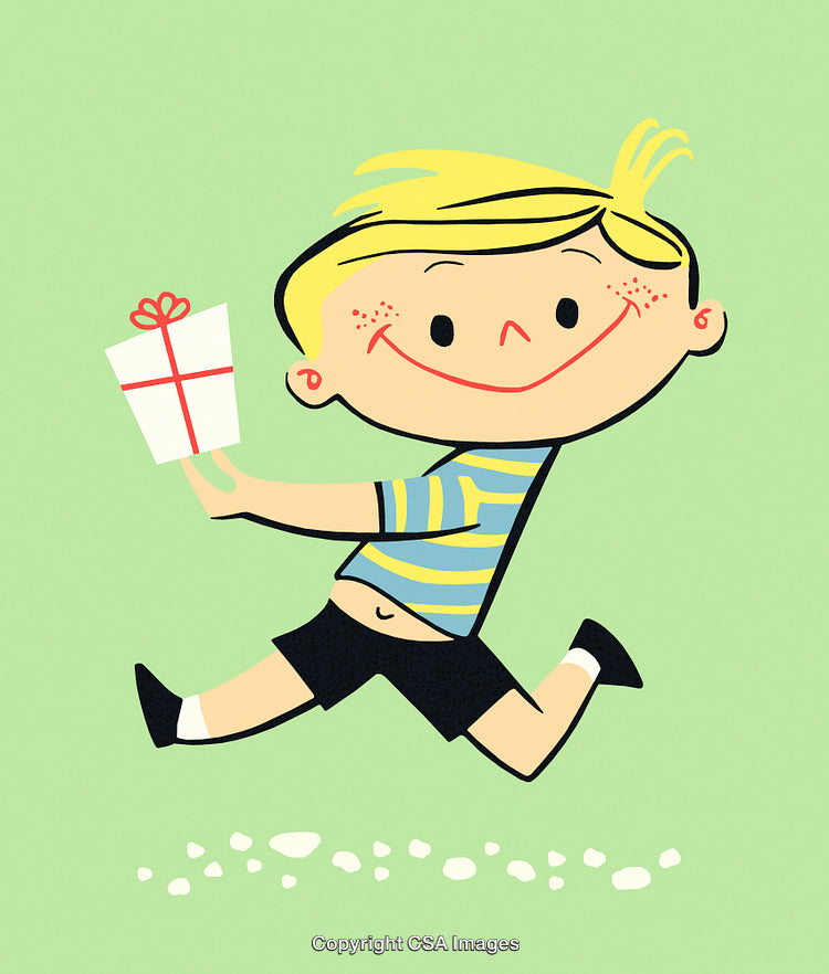 Cheerful Illustration of a Boy Carrying a Gift on Green Background
