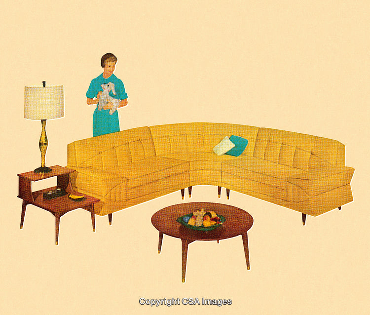 Vintage Living Room Setup with Yellow Sofa and Home Decor