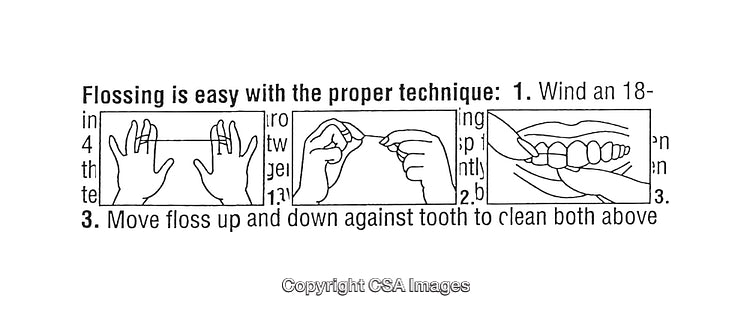 Proper Technique for Flossing Teeth Illustrated in Black and White Diagrams