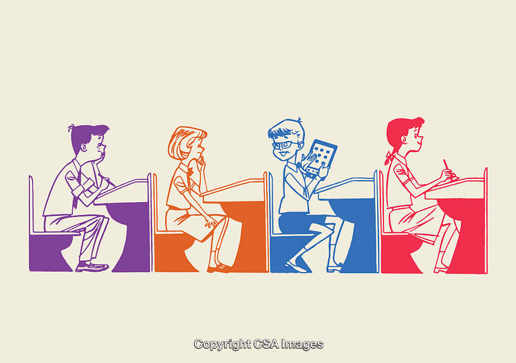 Illustration of Students in Class in Colorful Line Art Style