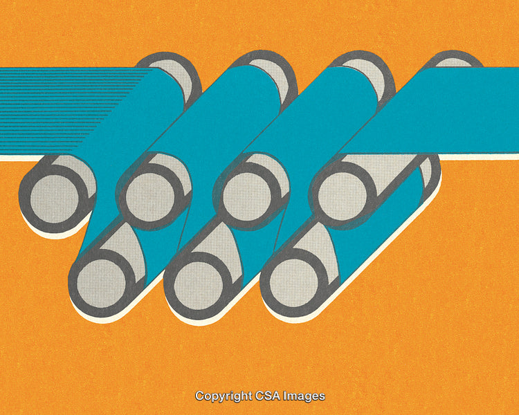 Abstract Geometric Illustration with Interwoven Conveyor Belts on Orange Background