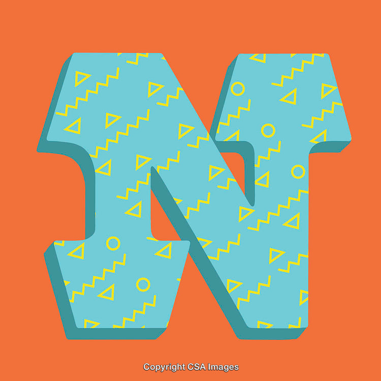 Vibrant Retro Letter N with Decorative Patterns on Orange Background