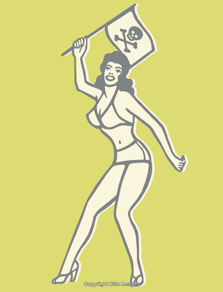 Retro Pin-Up Girl Holding Pirate Flag Illustration on Green Background