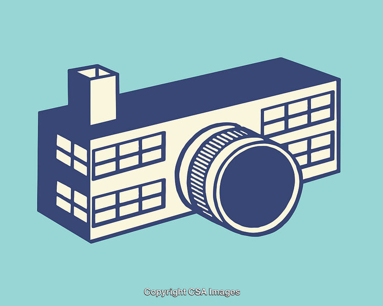 Illustration of a Hybrid Camera and Building Design in Line Art Style