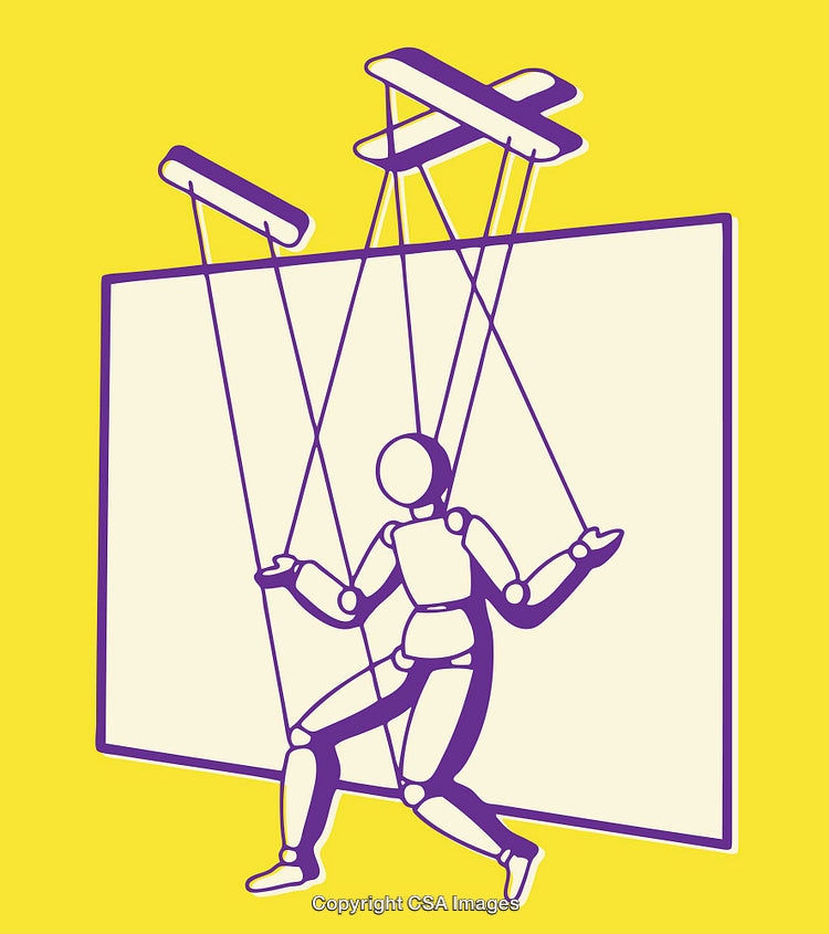 Illustration of a Puppet Controlled by Strings on a Bright Yellow Background