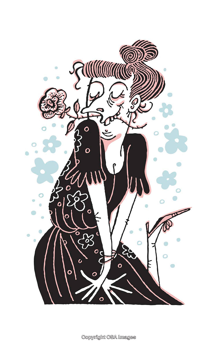 Quirky Cartoon Illustration of a Woman Holding a Flower and Smiling