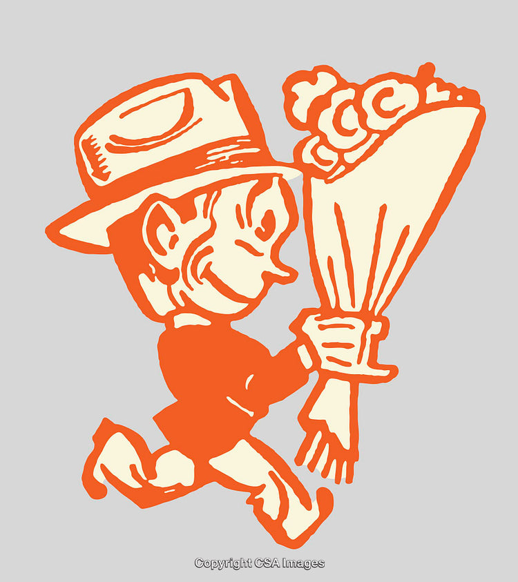 Vintage Style Illustration of Character Delivering Floral Bouquet with Joyful Expression