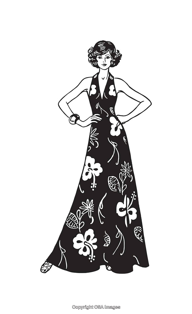 Elegant Illustration of Woman in Floral Patterned Dress in Black and White