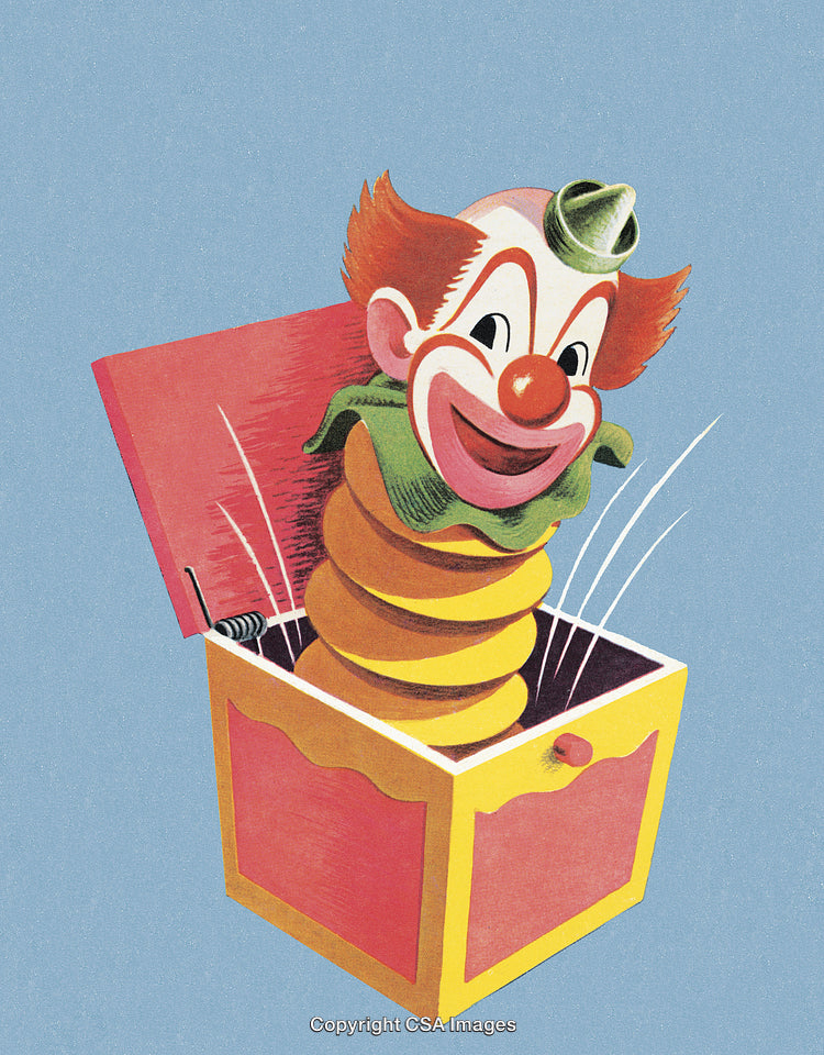 Colorful Jack-in-the-Box Toy with Clown Head on Blue Background