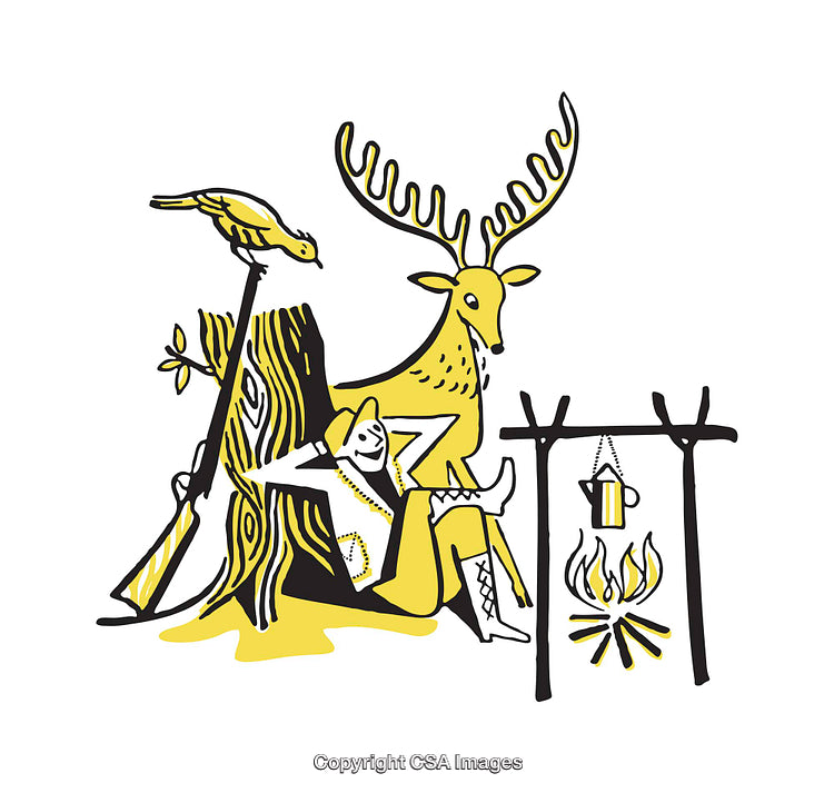 Illustration of Nature Enjoyment With Deer, Campfire, and Outdoor Exploration