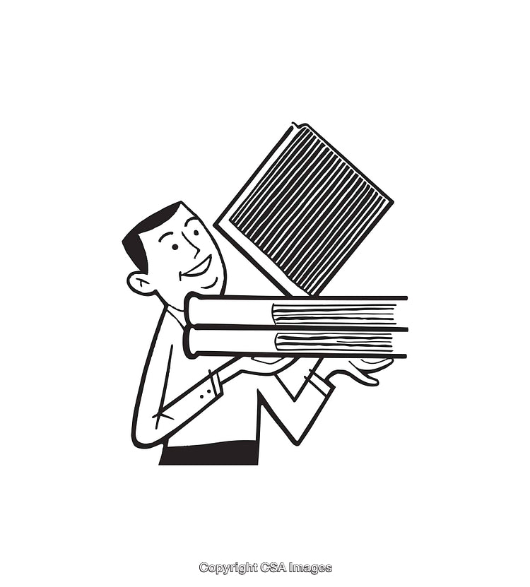 Black and White Illustration of a Man Holding Books
